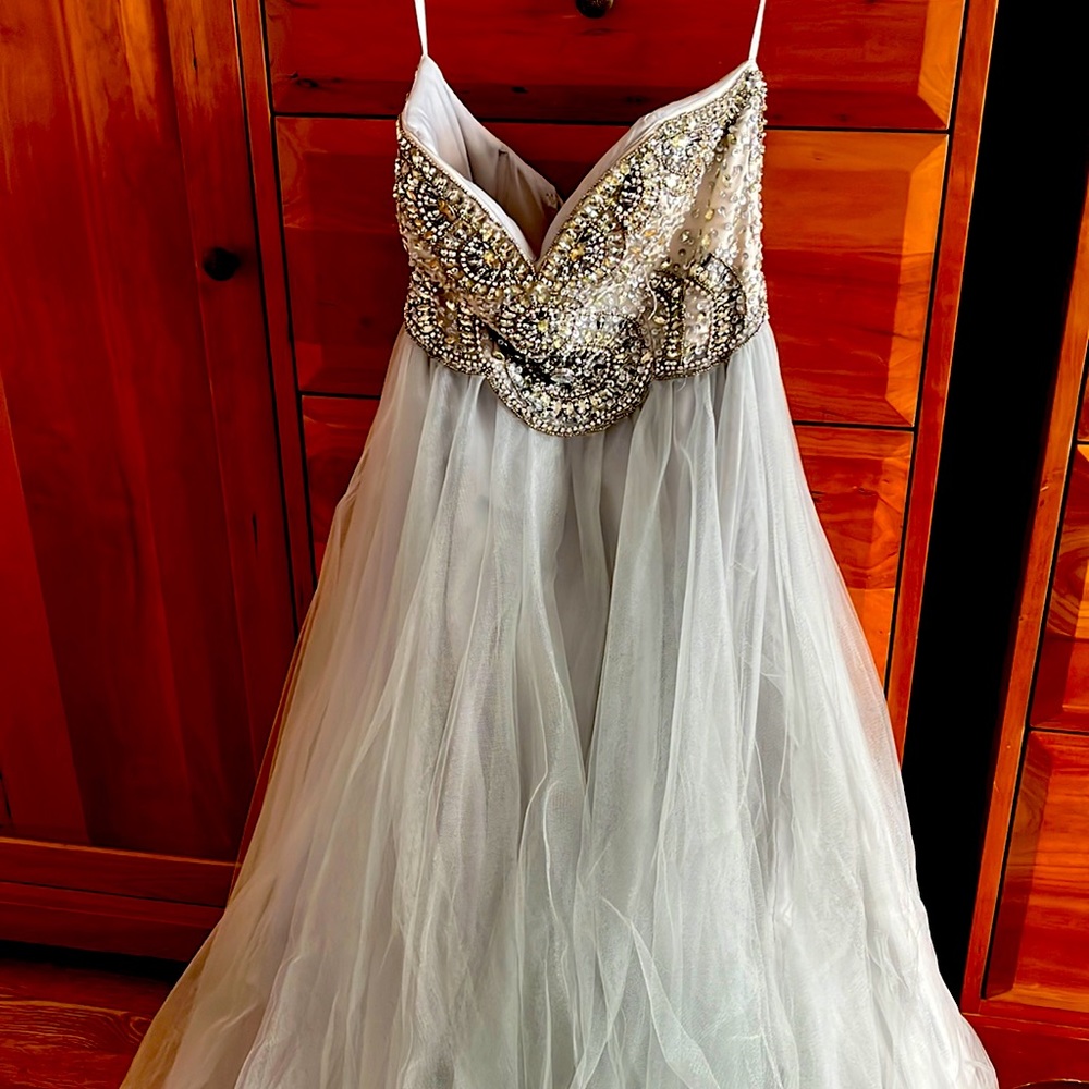 Jolene prom dress size 2, jewled strapless front, lace up back. Tulle overlay